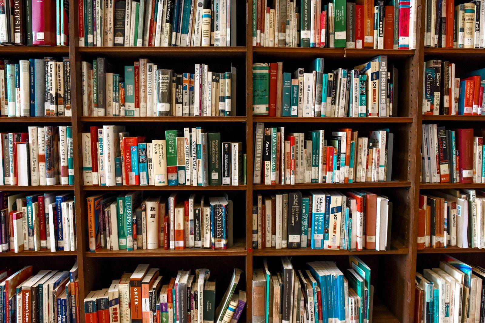 A wall of library shelves full of books