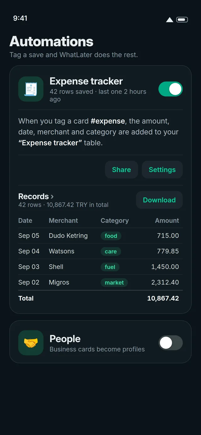 The Expense tracker automation: receipts collected as table rows with a total