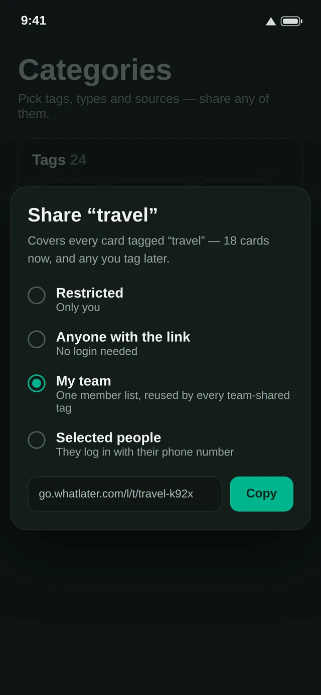 Sharing the travel tag: restricted, anyone with the link, my team or selected people