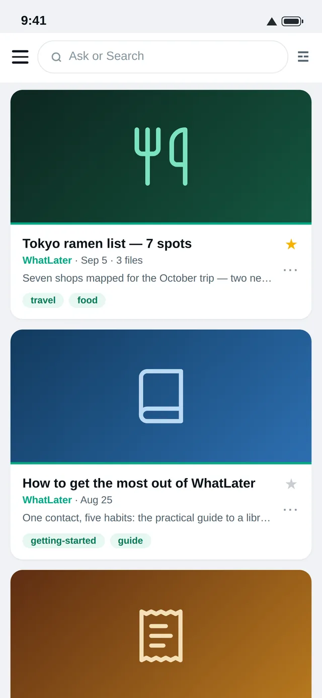 WhatLater library: saved articles as tagged, summarized cards
