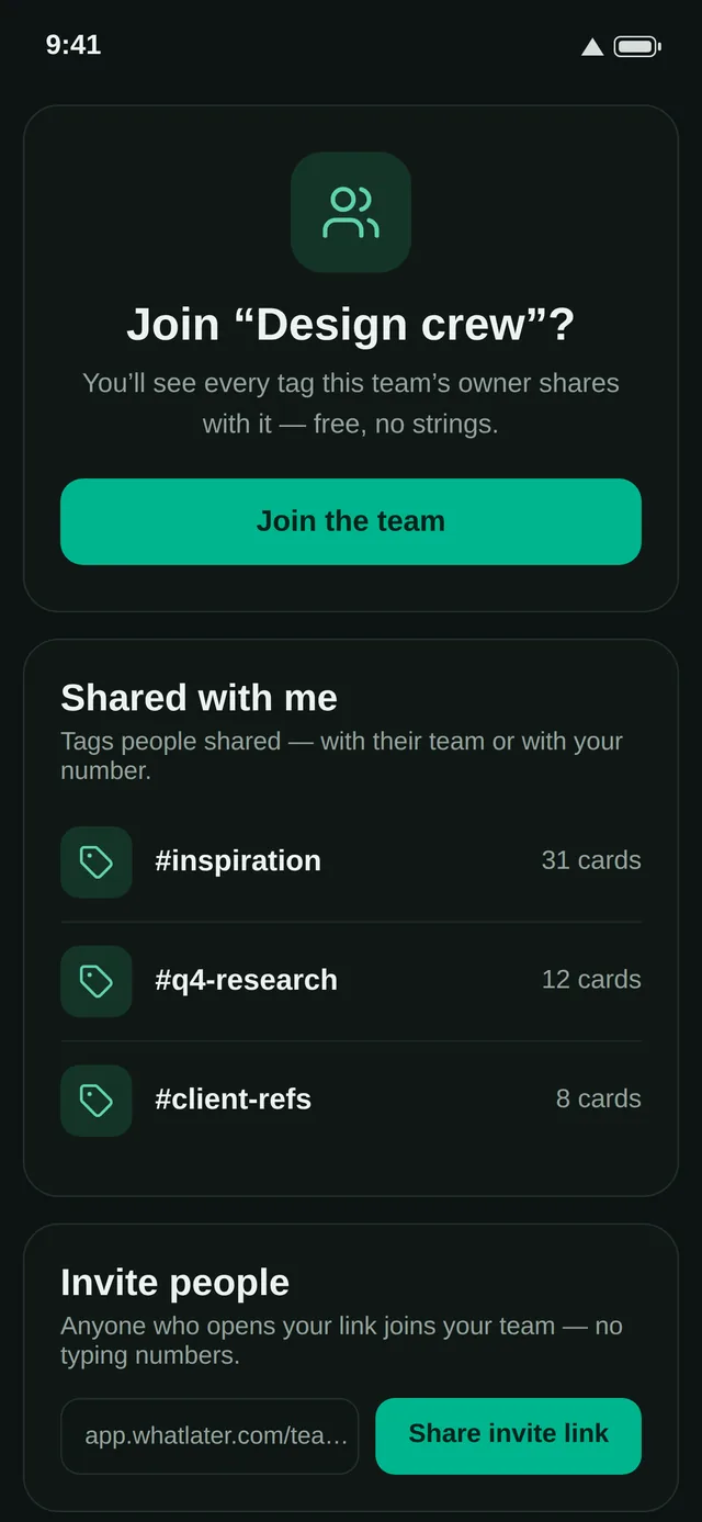 Teams screen: joining a team and the tags shared with it